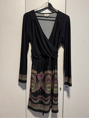 ECI Black Long-Sleeve Wrap Dress with Paisley Border